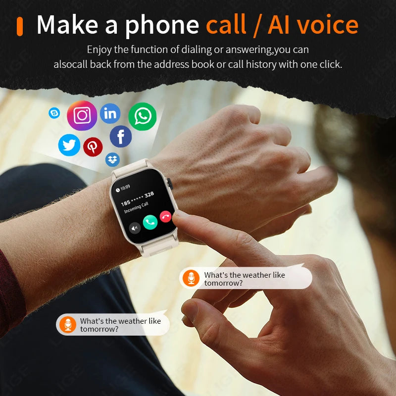 LIGE New Men Smart Watch Flashlight 2.01" HD Large Screen AI Voice Bluetooth Call Sport Watches Health Monitor Smartwatch Women