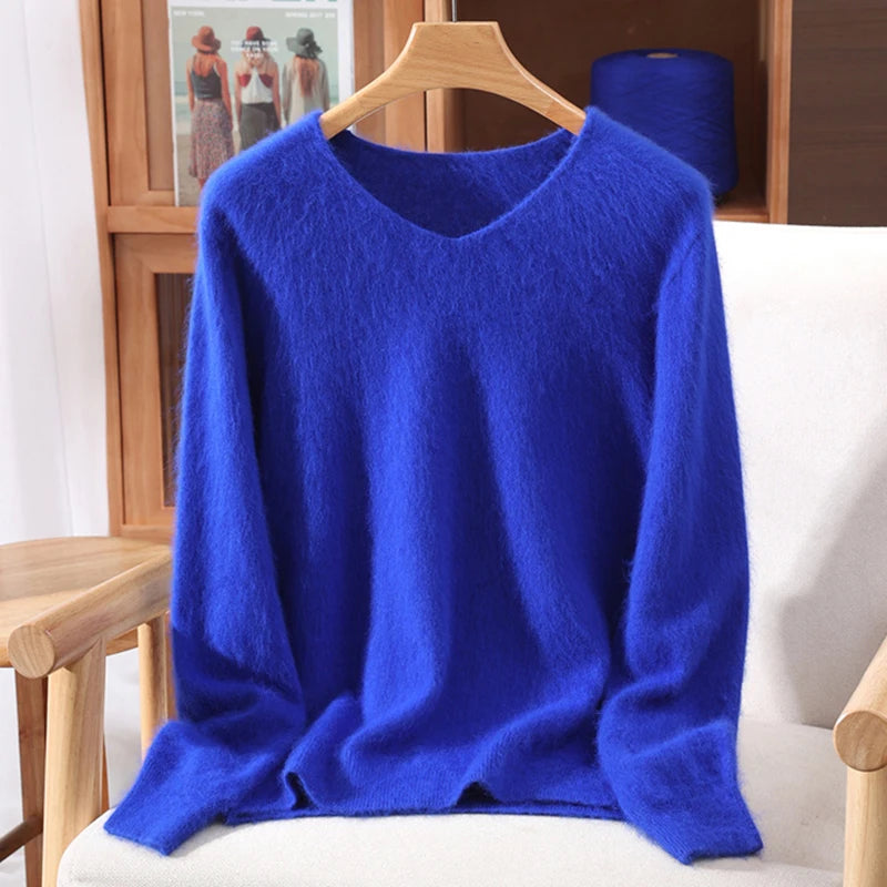 Fall/Winter Fashion Mink Cashmere Women's V-neck Pullover Bottom Shirt Slim Knitted Sweater Short Plus Size