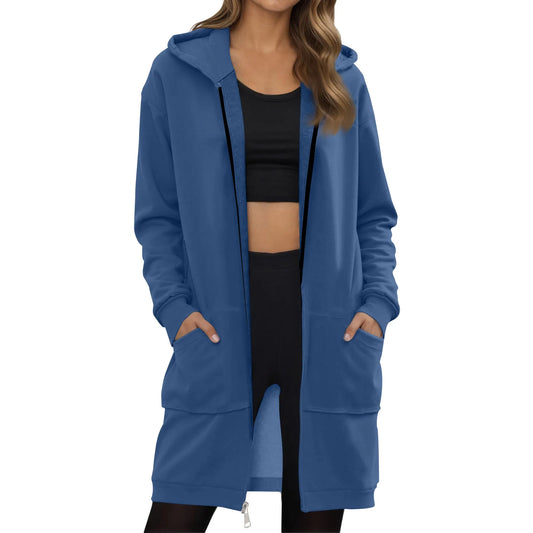 Women's Solid Color Zip Up Hoodies Oversized Long Cardigan Sweatshirts Casual Fashion Long Sleeve Fall Hoodie Coat