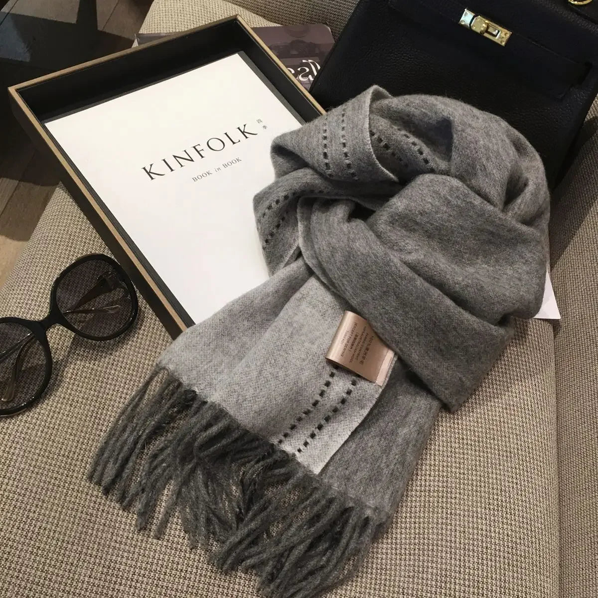 100% Wool Scarf Women's Winter Popular Solid Color Sewing Design Double sided Cashmere Shawl Dual purpose Warm Neck