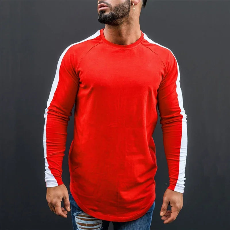 Plain Bodybuilding Sport Shirts Breathale Cotton Long Sleeve Tops Gym Fitness T-Shirts Slim Fit Contrast Color Hip Hop Clothing