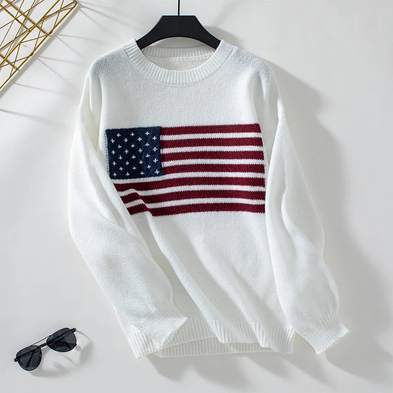Women's sweater 2024 autumn and winter new American flag pullover crew neck cross-border knitted sweater women's clothing