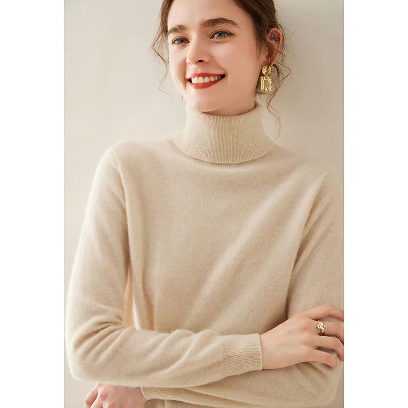 Cashmere Sweater Women's Turtleneck Long Sleeved Knitted Pullover 100% Pure Cashmere Base Sweater Korean Version Women's Top