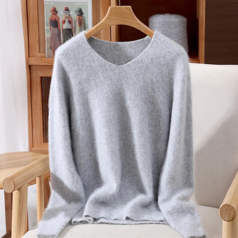 Fall/Winter Fashion Mink Cashmere Women's V-neck Pullover Bottom Shirt Slim Knitted Sweater Short Plus Size