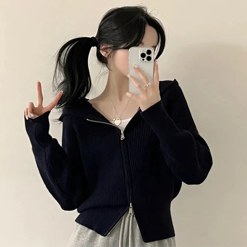 Hooded Knit Cardigan for Women Long Sleeve Fuzzy Zip Up Knit Crop Sweater Jacket Fall Winter Teen-girl Y2K Acubi Outfit