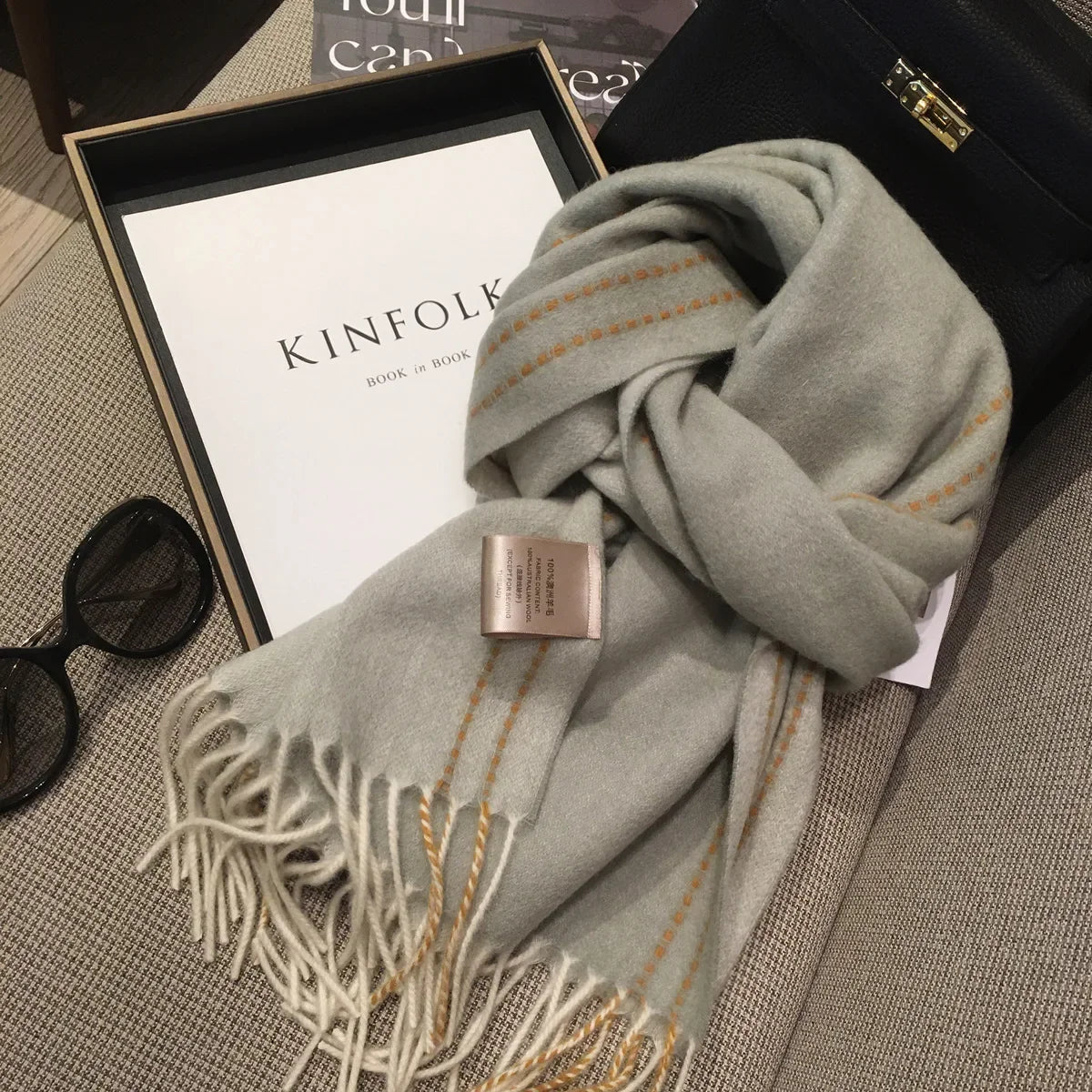 100% Wool Scarf Women's Winter Popular Solid Color Sewing Design Double sided Cashmere Shawl Dual purpose Warm Neck