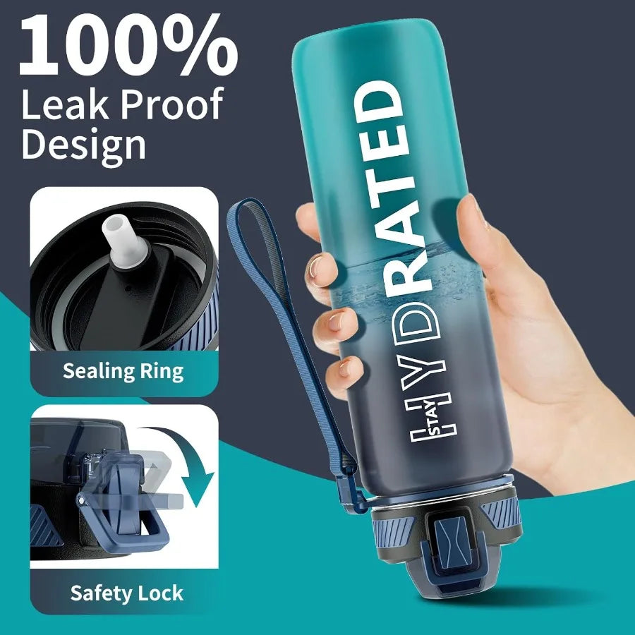 32oz Motivational Water Bottle with Straw and Time Marker for Daily Hydration BPAFree Tritan 1L Sports Water Bottle with Carry