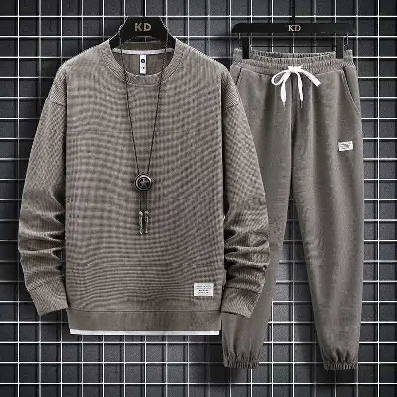 Men's Casual Sportswear Long Sleeve T-Shirt And Pants Set Spring, Autumn/Winter Cotton Plaid Fashionable Youth Outfit Long Pants