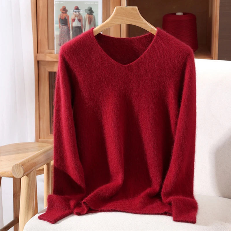 Fall/Winter Fashion Mink Cashmere Women's V-neck Pullover Bottom Shirt Slim Knitted Sweater Short Plus Size