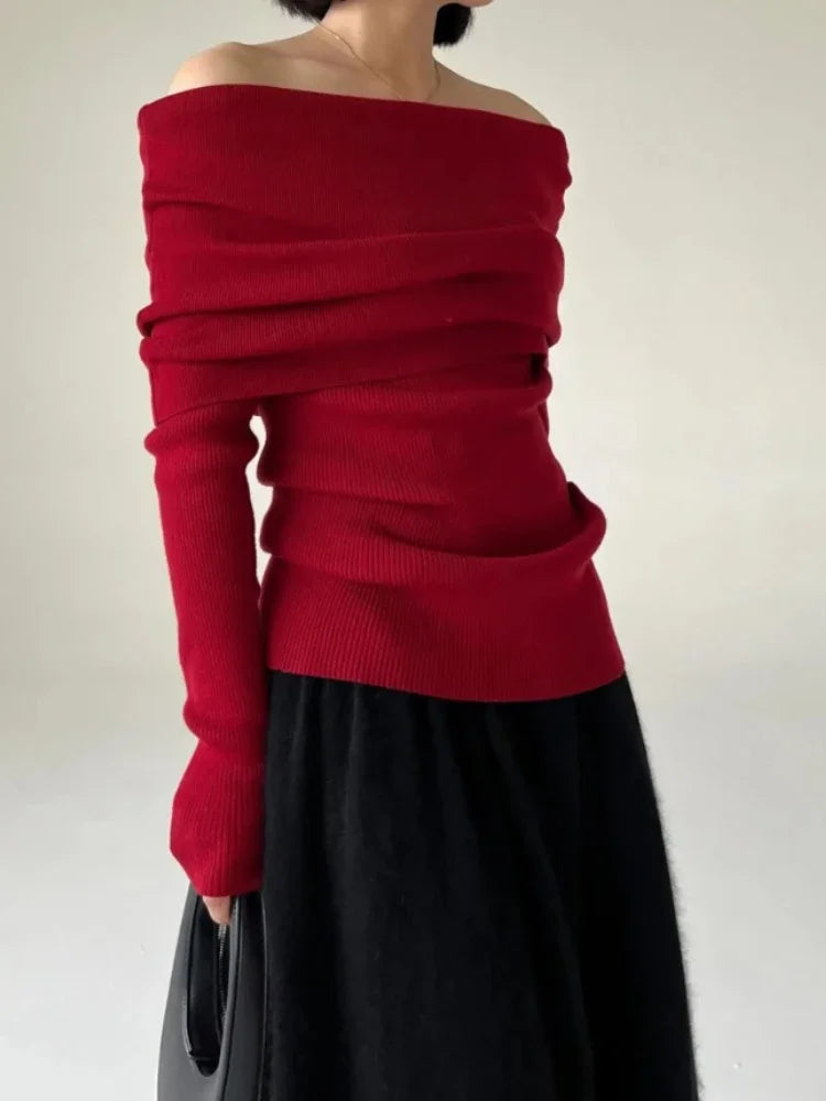 2026 Elegant Vintage Knitted Solid Jumper Autumn Winter Off Shoulder Women Sweaters High Stretch Top Soft Chic Pullovers