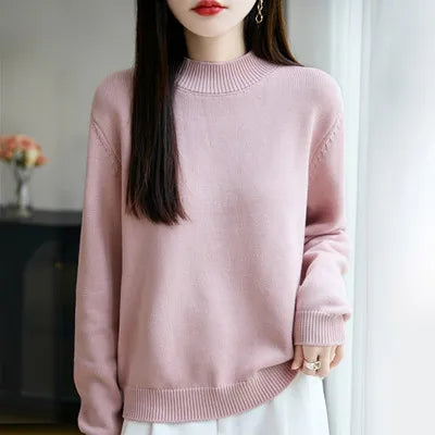 100% Pure Cotton Women's Knitted Sweater Solid Color Round Neck Pullover Loose Cotton Sweater Autumn and Winter New Women's Top