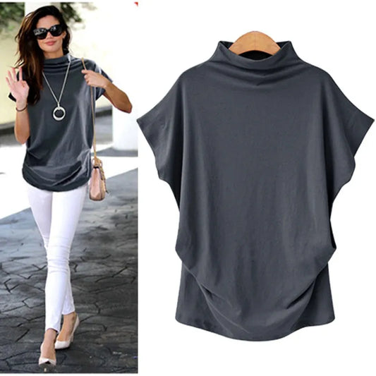 Women's Retro Solid Color T-Shirt Summer Turtleneck Short Sleeve Tees Fashion Loose Streetwear Female Pleated Top