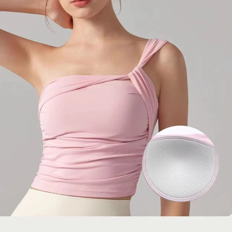 Women's Single Shoulder High-Impact Sports Bra Shock-Absorbing Fixed Cup Yoga Bras Fitness Vest Top for Running Underwear