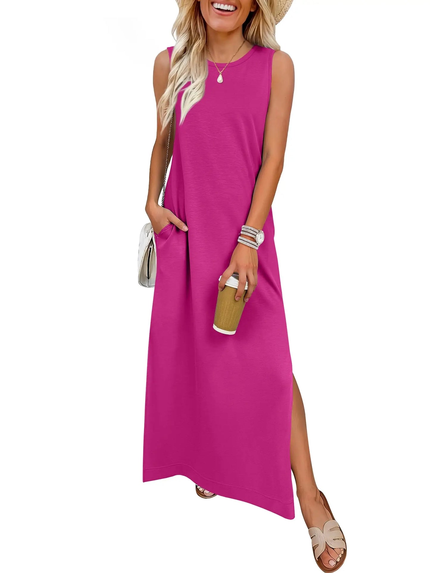 Women Summer Sleeveless Maxi Sundress With Pockets Casual Beach Vacation Dress