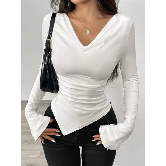Women's V-Neck Ruched Long Sleeve T-Shirt Autumn Slim Fit Irregular Hem Top Flare Sleeve Fashion Solid Color Crop Top