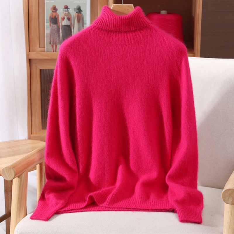 High End Mink Fur Sweater, Women's Solid Color High Collar Pullover, Cashmere Warm Sweater, Knitted Base Sweater, Autumn Winter