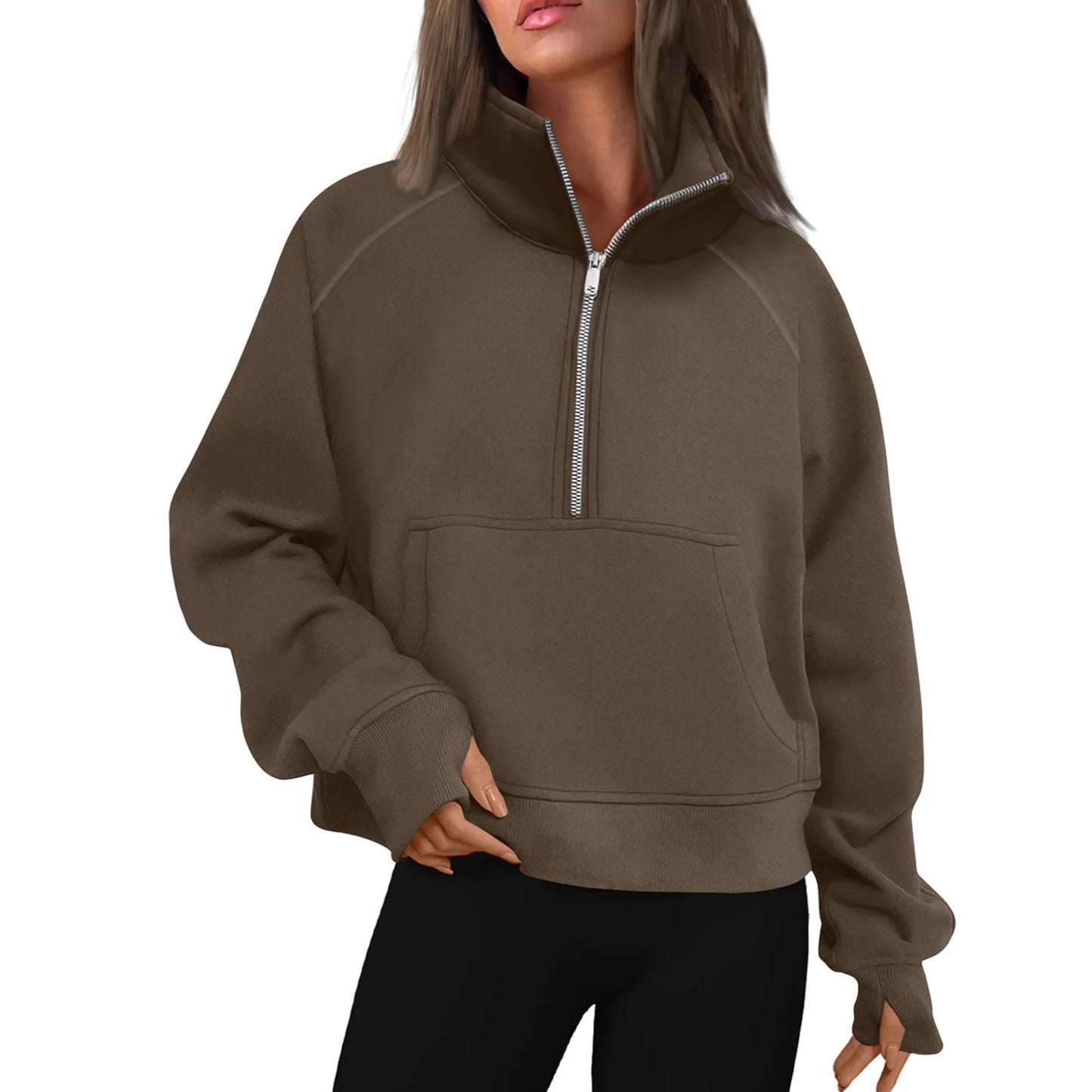 New Women's Hoodies Autumn Winter Stand Collar Plus Fleece Solid Color Sweatshirts Long Sleeve Pocket Loose Half Zip Pullover