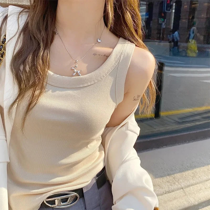 zjaiss Women Solid Round Neck Ribbed Tank Top Camisole Women Summer Basic Elastic Tank Top O Neck Solid Tank Top 2026