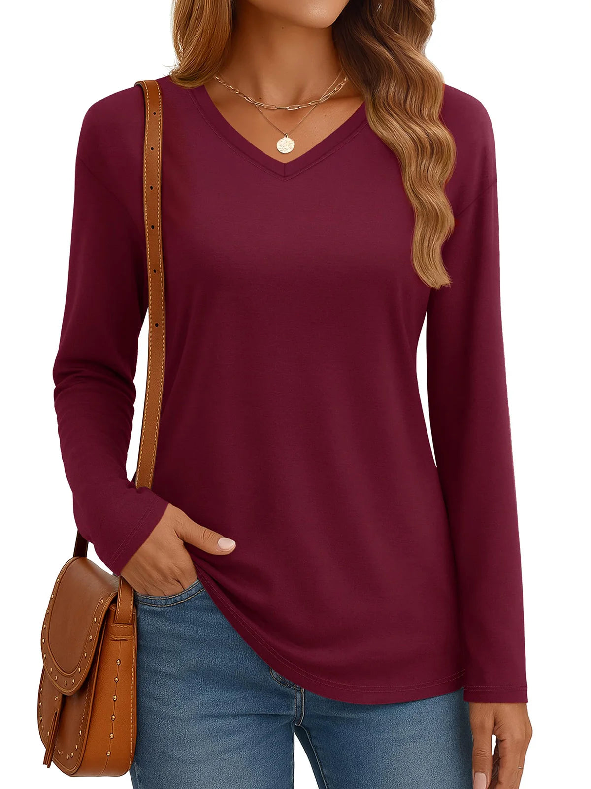 Women‘s Solid Color Drop Shoulder Breathable Cotton Shirts V Neck Casual Basic Tops Loose Fit Long Sleeve Tees