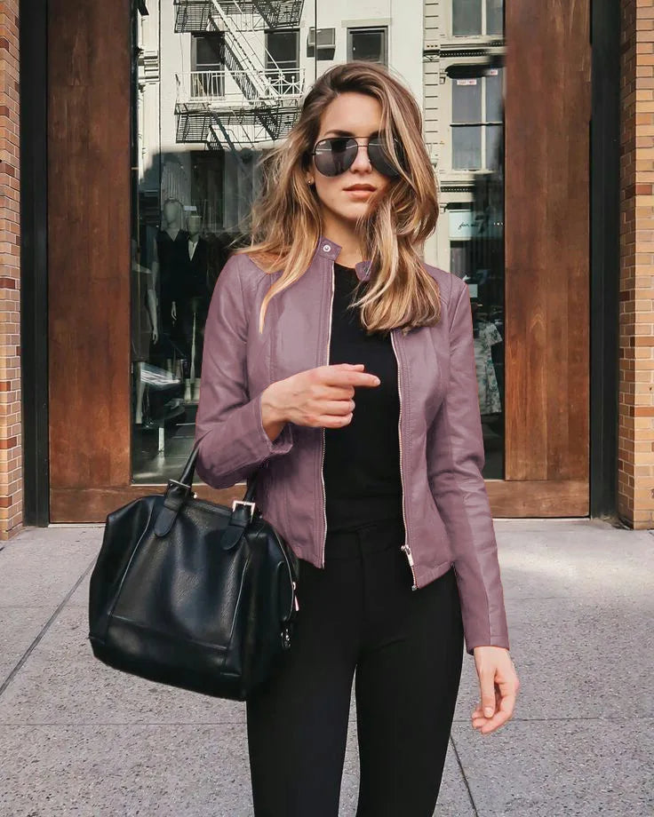 KIDCRKJ Spring Autumn Women's Leather Jacket Solid Color Zipper Female PU Suit Jacket O-neck Casual Jacket Women's Outwears