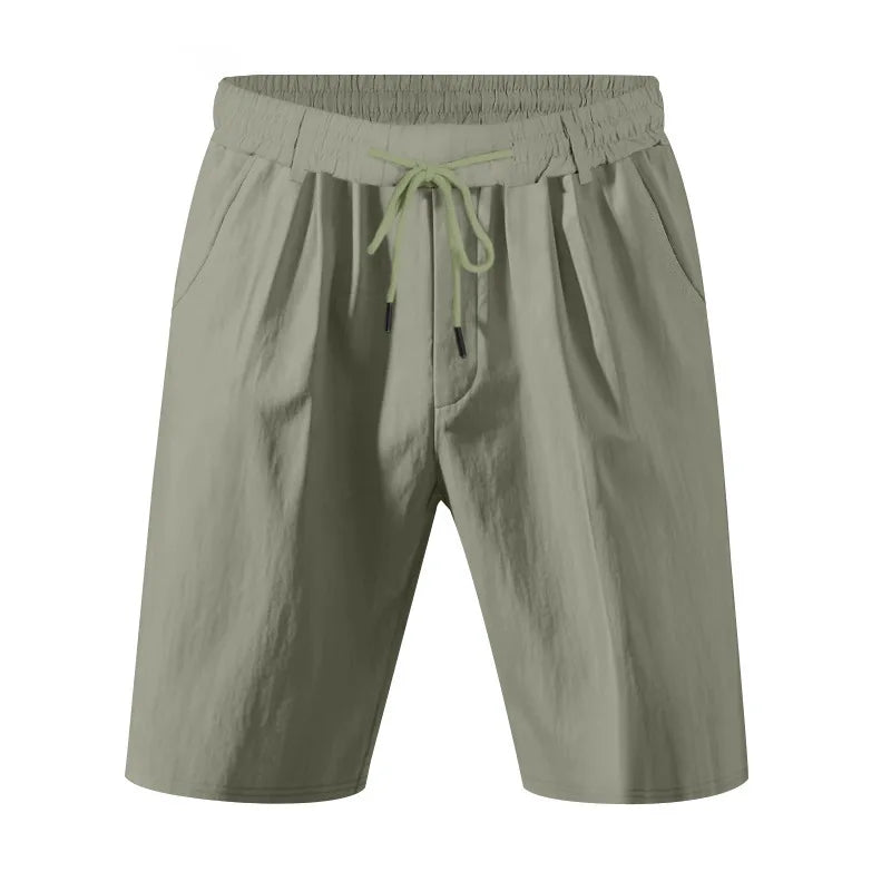 Men's Linen Feel Shorts Pleated Front Drawstring Waist Casual Summer Beach Pants Lightweight Vacation Bottoms with Belt Loops