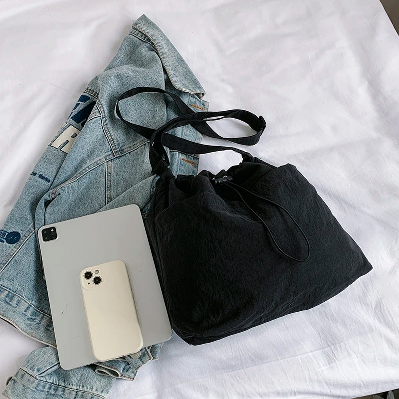 Female Nylon Shoulder Bag Large Capacity Stylish Crossbody Bag Wear Resist Drawstring Shoulder Bag Travel Shopping Commute Bag