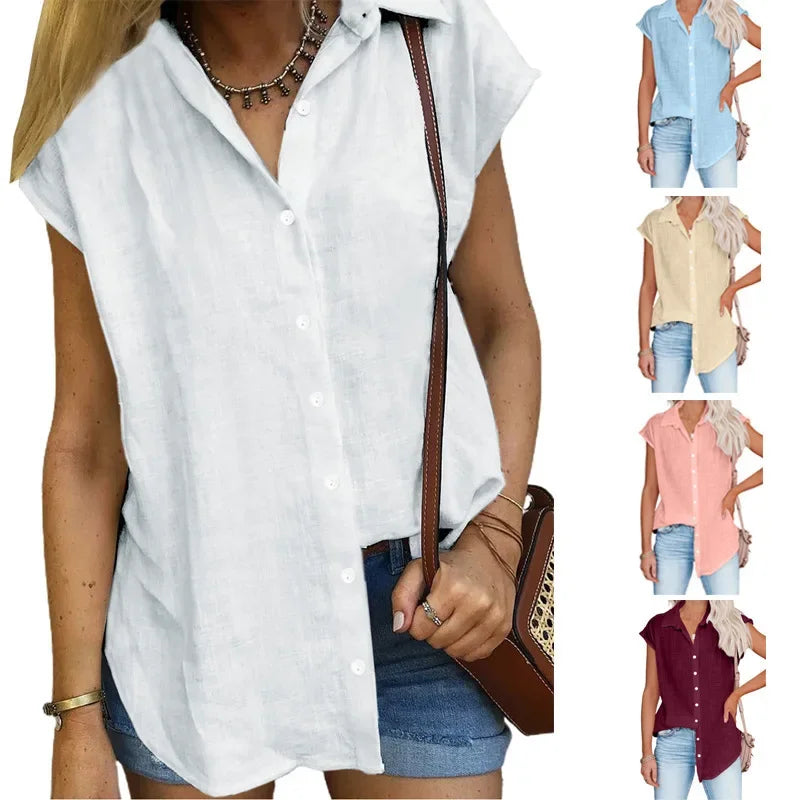 Cotton Linen Shirt Ladies Tops Tee Casual Thin Loose Woman T Shirt Summer Short Sleeve Solid T-Shirts Women Clothing Blouses