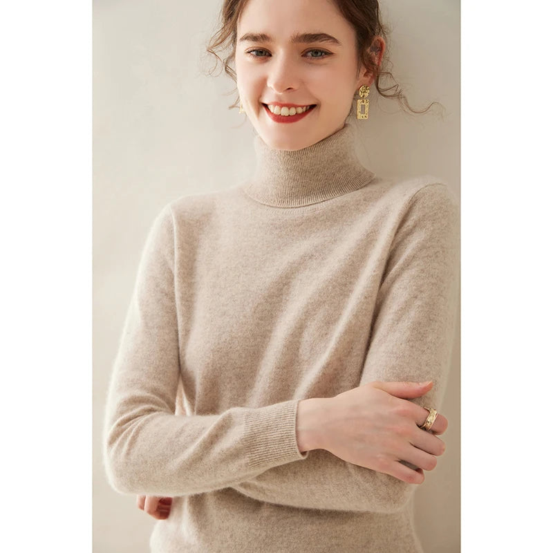 Cashmere Sweater Women's Turtleneck Long Sleeved Knitted Pullover 100% Pure Cashmere Base Sweater Korean Version Women's Top