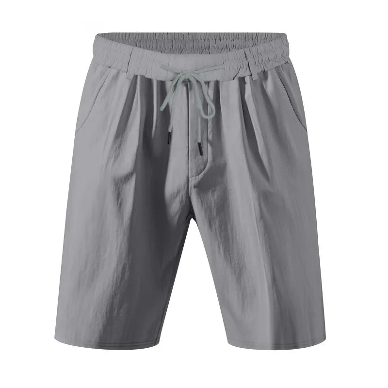 Men's Linen Feel Shorts Pleated Front Drawstring Waist Casual Summer Beach Pants Lightweight Vacation Bottoms with Belt Loops