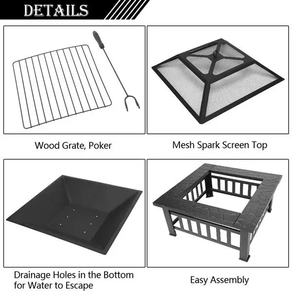 Multifunctional Fire Pit Table 32in Square Metal Firepit Stove Backyard Patio Garden Fireplace for Camping, Outdoor Heating