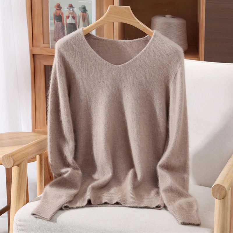 Fall/Winter Fashion Mink Cashmere Women's V-neck Pullover Bottom Shirt Slim Knitted Sweater Short Plus Size