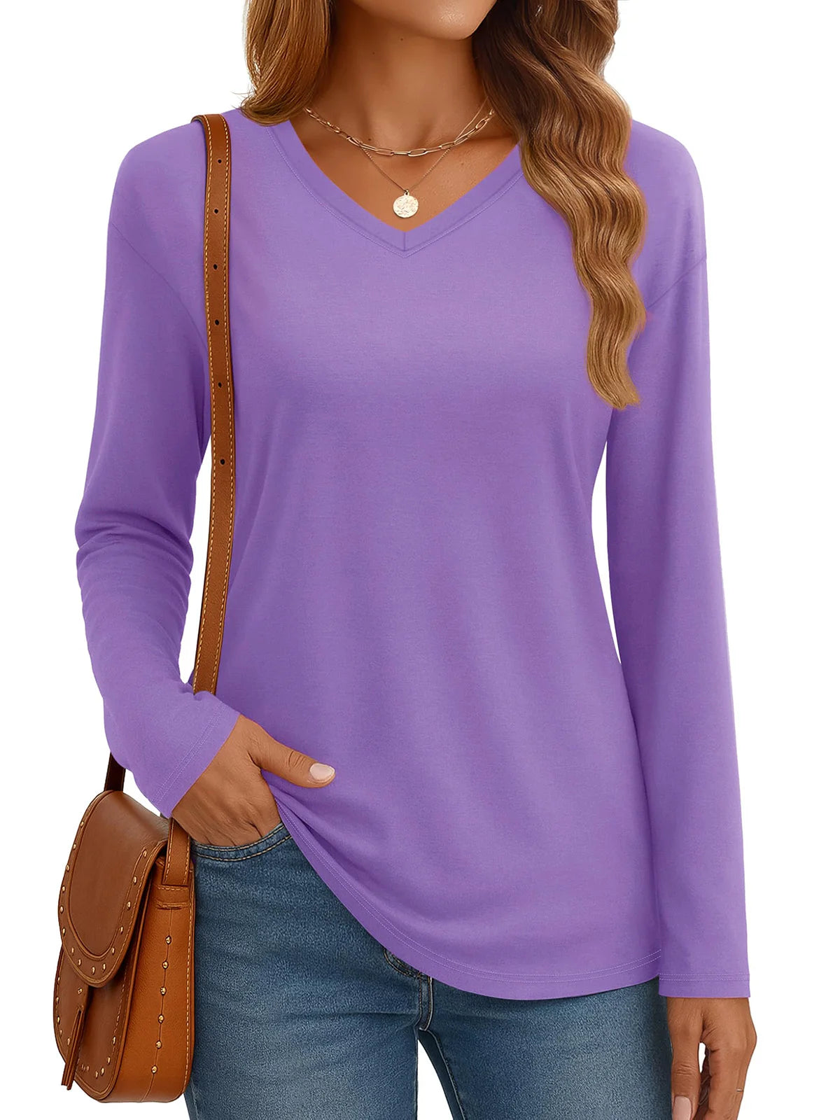 Women‘s Solid Color Drop Shoulder Breathable Cotton Shirts V Neck Casual Basic Tops Loose Fit Long Sleeve Tees