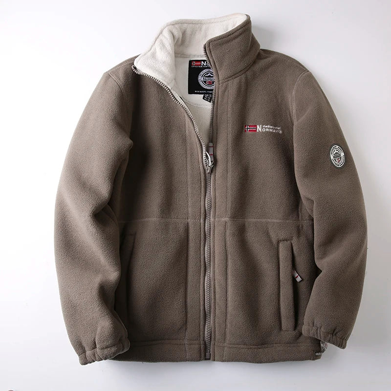Men's Thinned Face Jacket Autumn Winter Double-sided Lamb Fur Hooded Coat Outdoor Windproof Zipper Closure
