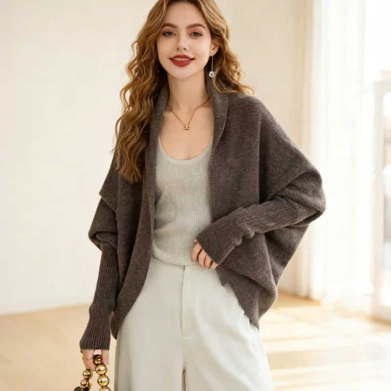 Winter Women Long Sleeve Batwing Sleeve Knitted Top Cardigan Loose Elegant Knitwear Vintage Shawl Autumn Outerwear