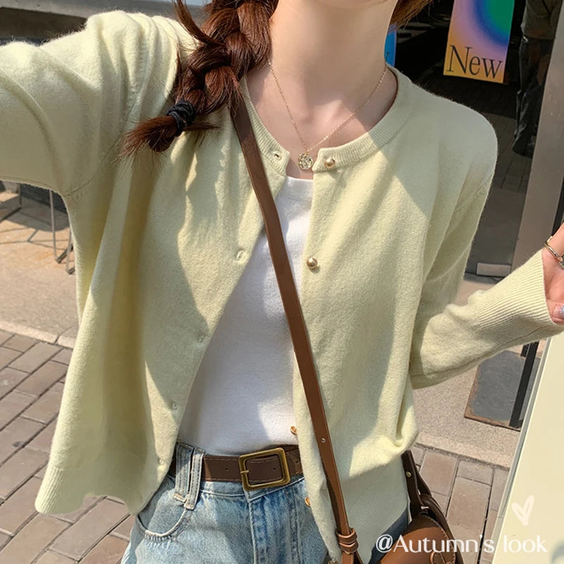 O Neck Basic Knitted Cardigan Women Spring Autumn Long Sleeve Button Solid Soft Sweater Korean Style Short Knitwear Tops Female