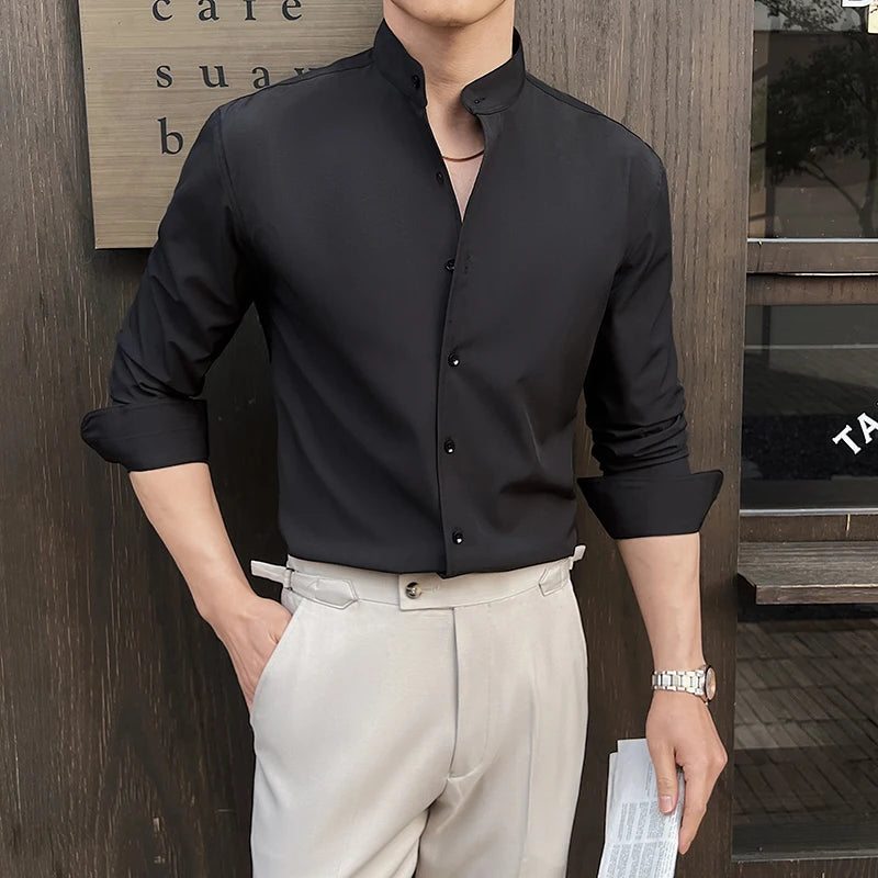 Stand-Up Collar Shirt Luxury Solid Color Long Sleeve Slim Fit Elastic Casual Social Party Shirts Tuxedo 4XL-M