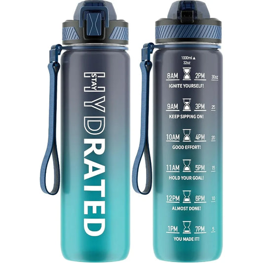32oz Motivational Water Bottle with Straw and Time Marker for Daily Hydration BPAFree Tritan 1L Sports Water Bottle with Carry