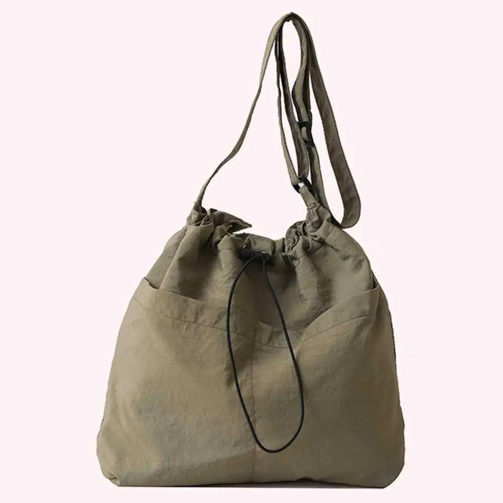 Female Nylon Shoulder Bag Large Capacity Stylish Crossbody Bag Wear Resist Drawstring Shoulder Bag Travel Shopping Commute Bag