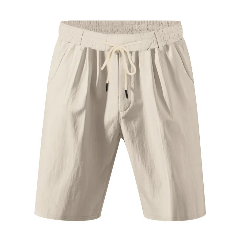 Men's Linen Feel Shorts Pleated Front Drawstring Waist Casual Summer Beach Pants Lightweight Vacation Bottoms with Belt Loops