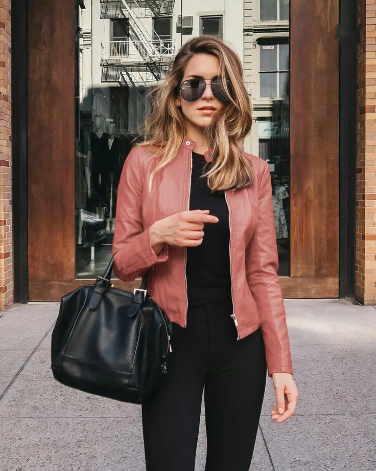 KIDCRKJ Spring Autumn Women's Leather Jacket Solid Color Zipper Female PU Suit Jacket O-neck Casual Jacket Women's Outwears