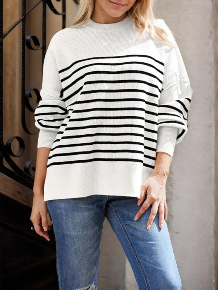 New in Women Autumn Winter Sweaters O-neck Striped Knitwear Fashion Long Sleeve Loose Sweaters Female Casual Style New Tops