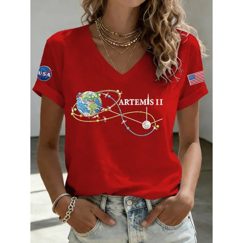 2026 New Arrival Women's Artemis II Print T-Shirts Summer Short Sleeve Loose V Neck Tops Casual Tees