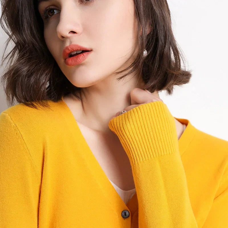 2026 Women Cardigans Long Sleeve Knitted Outerwear Solid Thin Spring / Autumn Sweaters V-neck Knitwear Cardigans
