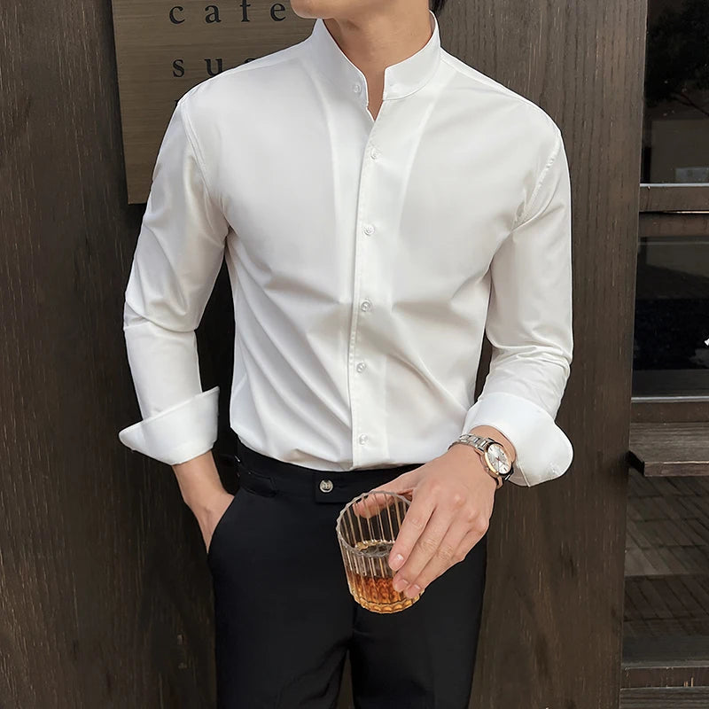 Stand-Up Collar Shirt Luxury Solid Color Long Sleeve Slim Fit Elastic Casual Social Party Shirts Tuxedo 4XL-M