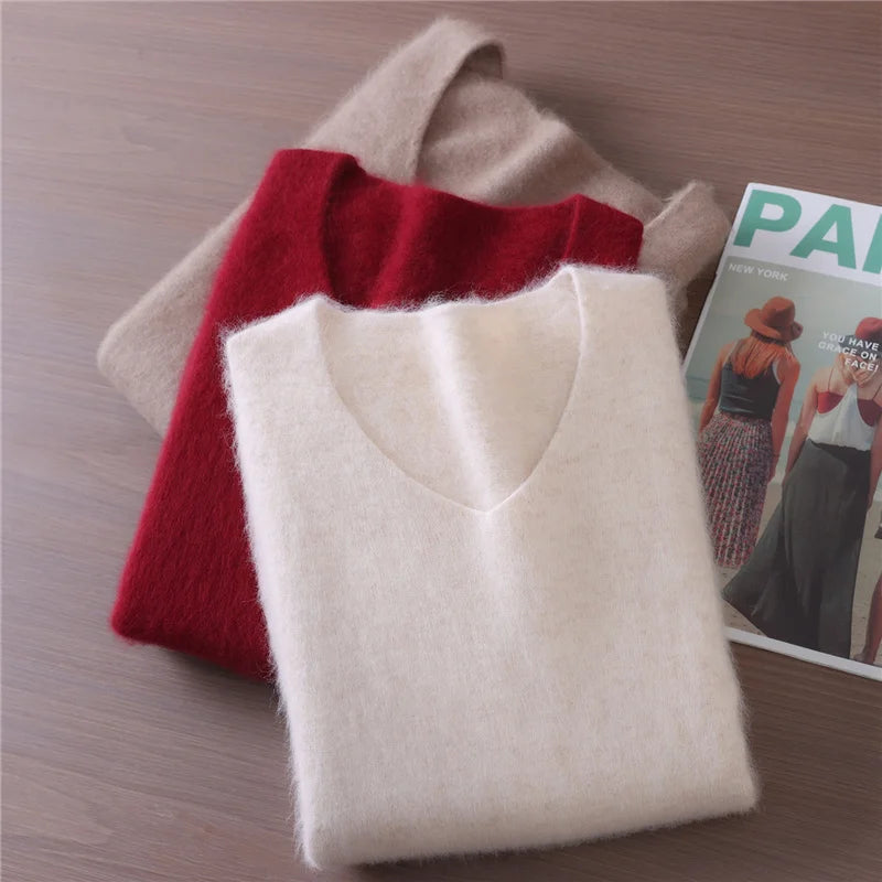 Fall/Winter Fashion Mink Cashmere Women's V-neck Pullover Bottom Shirt Slim Knitted Sweater Short Plus Size
