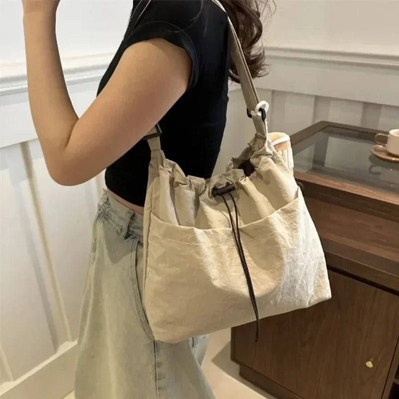 2024 New Large-capacity Waterproof Nylon Cloth Drawstring Pleated Shoulder Bag Travel Leisure Crossbody Bucket Bag