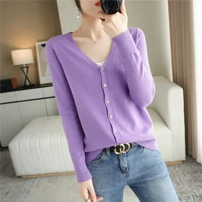 2026 Women Cardigans Long Sleeve Knitted Outerwear Solid Thin Spring / Autumn Sweaters V-neck Knitwear Cardigans