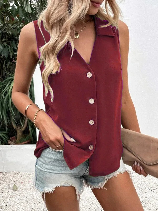 Women's V-Neck Button Chiffon Blouse Summer Lightweight Loose Casual Sleeveless Top Office Lady Solid Color Basic Vest
