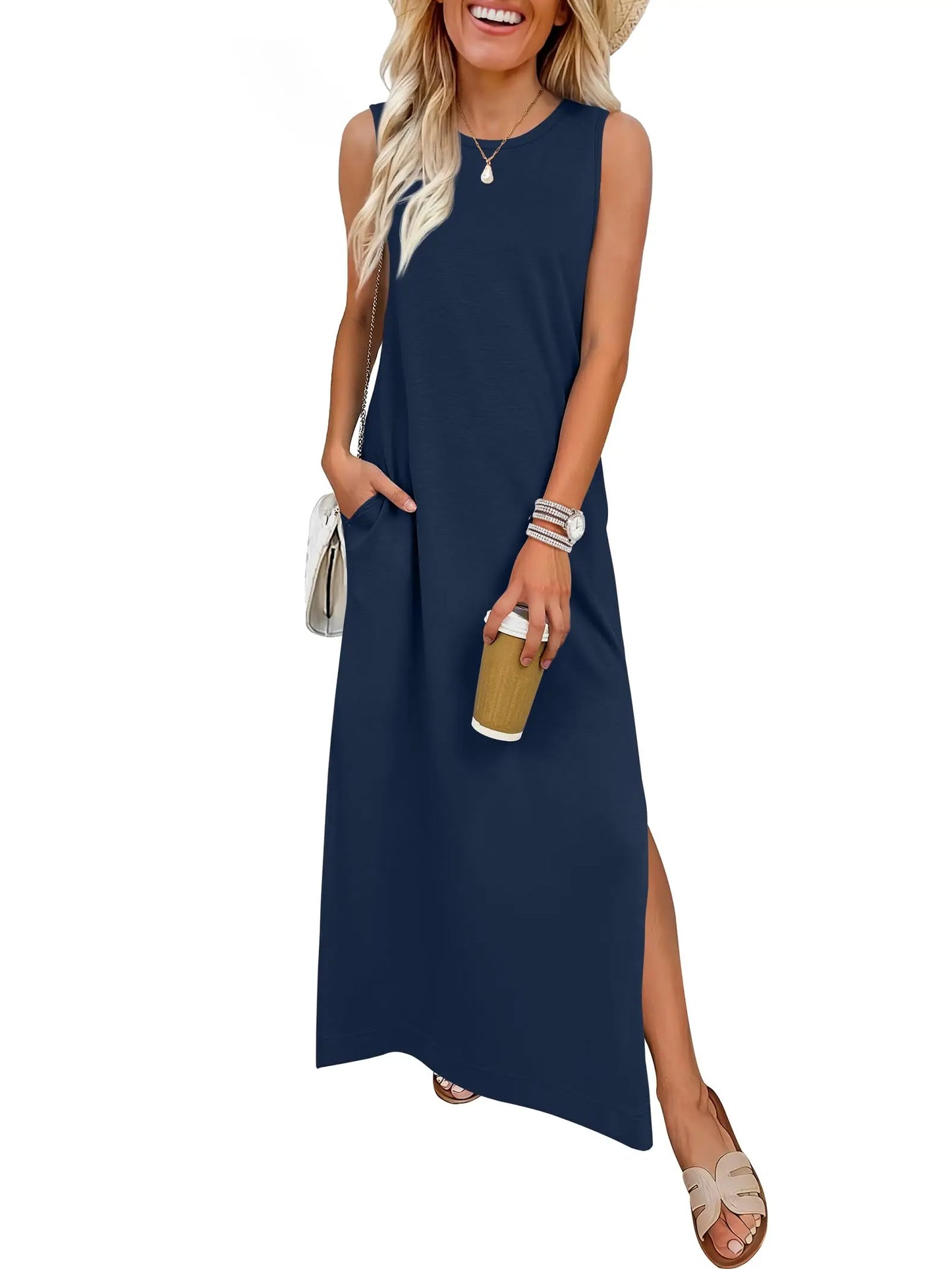 Women Summer Sleeveless Maxi Sundress With Pockets Casual Beach Vacation Dress