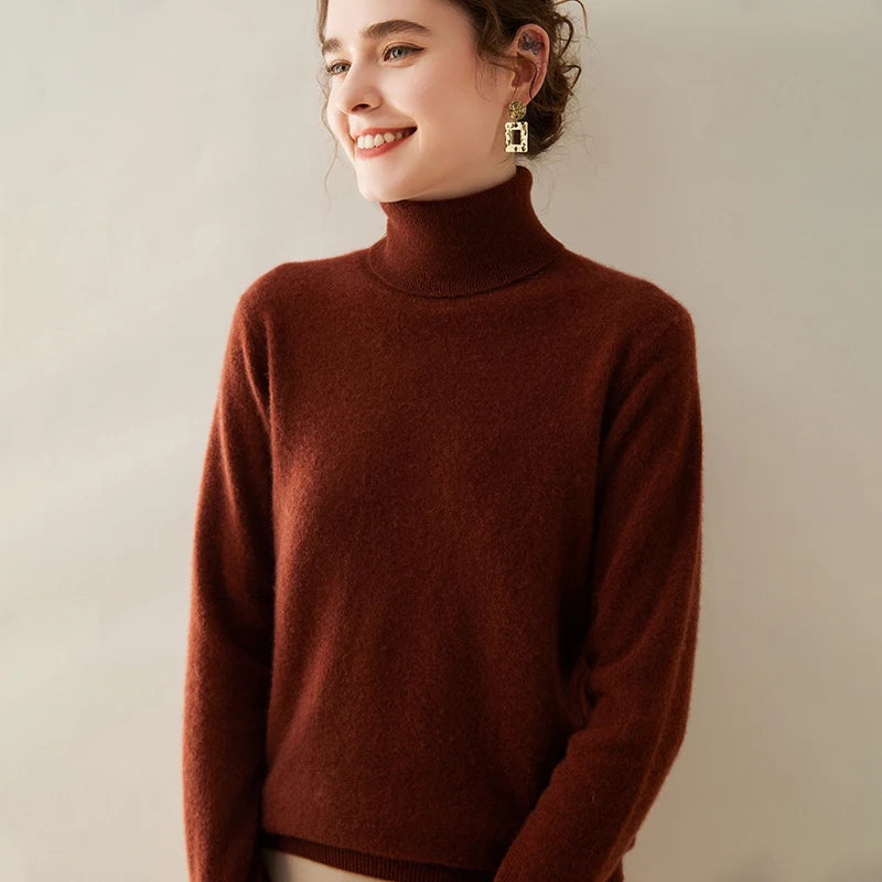 Cashmere Sweater Women's Turtleneck Long Sleeved Knitted Pullover 100% Pure Cashmere Base Sweater Korean Version Women's Top